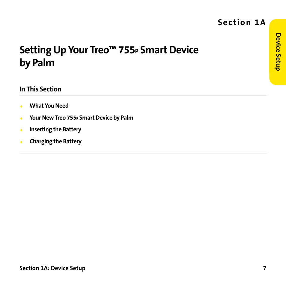 Setting up your treo™ 755p smart device by palm, 1a. setting up your treo™ 755, Setting up your treo™ 755 | Smart device by palm, S e c ti o n 1 a | Palm Treo 755P User Manual | Page 15 / 390