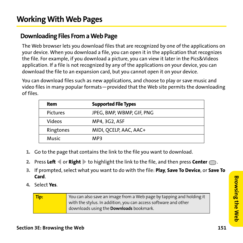 Working with web pages, Downloading files from a web page | Palm Treo 755P User Manual | Page 159 / 390