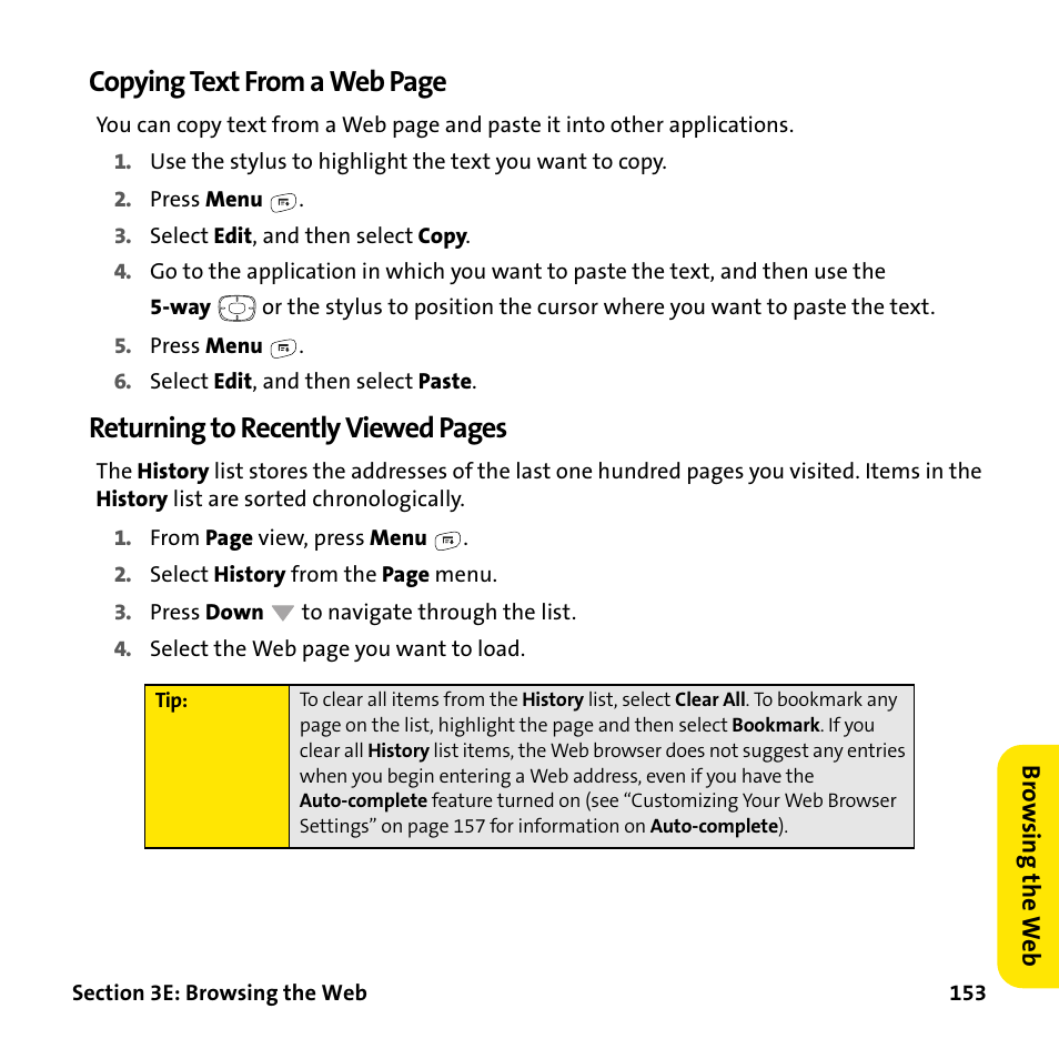 Copying text from a web page, Returning to recently viewed pages | Palm Treo 755P User Manual | Page 161 / 390