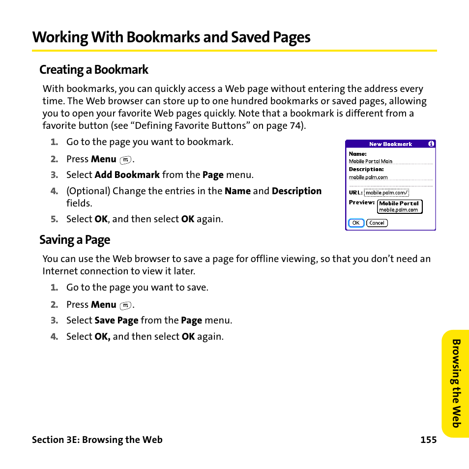 Creating a bookmark, Working with bookmarks and saved pages, Saving a page | Palm Treo 755P User Manual | Page 163 / 390