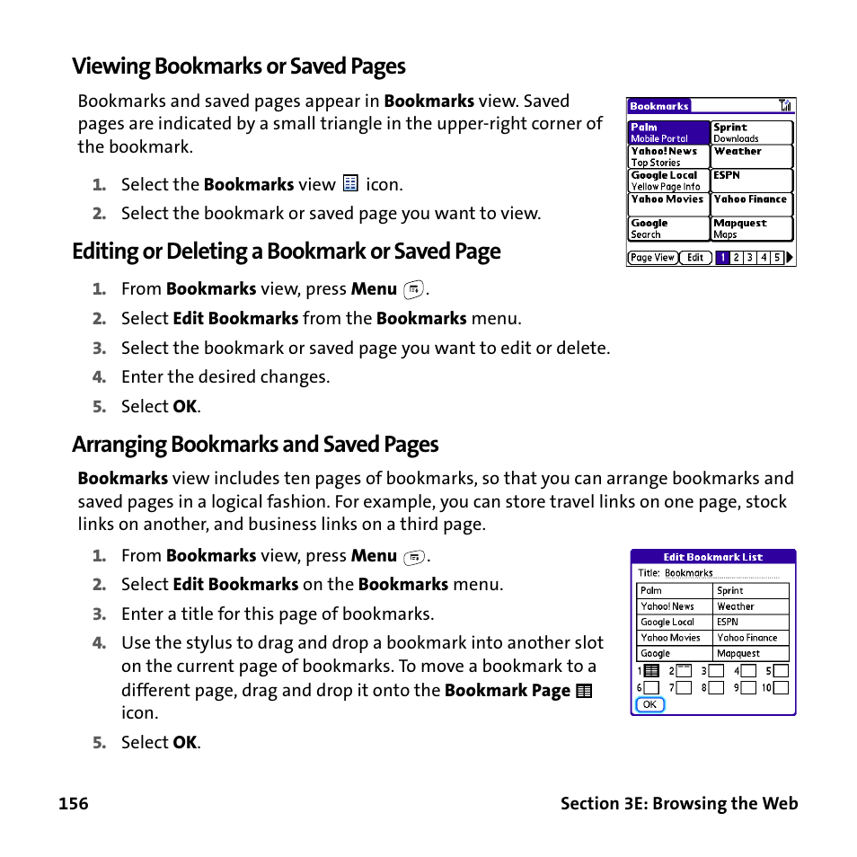 Viewing bookmarks or saved pages, Editing or deleting a bookmark or saved page, Arranging bookmarks and saved pages | Palm Treo 755P User Manual | Page 164 / 390