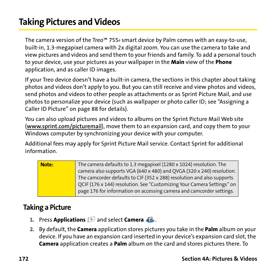 Taking pictures and videos, Taking a picture | Palm Treo 755P User Manual | Page 180 / 390