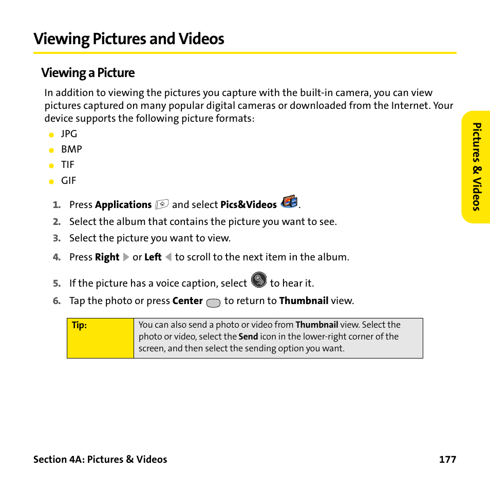 Viewing pictures and videos, Viewing a picture | Palm Treo 755P User Manual | Page 185 / 390