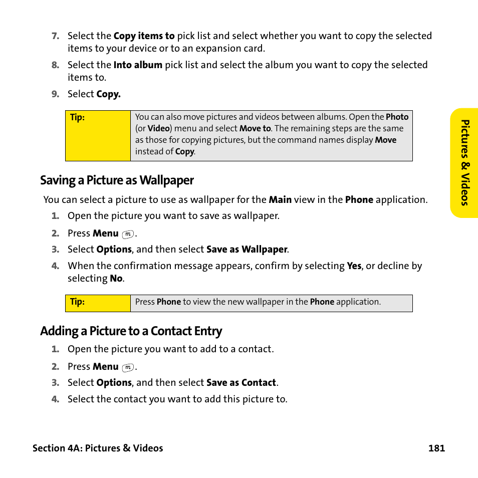 Saving a picture as wallpaper, Adding a picture to a contact entry | Palm Treo 755P User Manual | Page 189 / 390