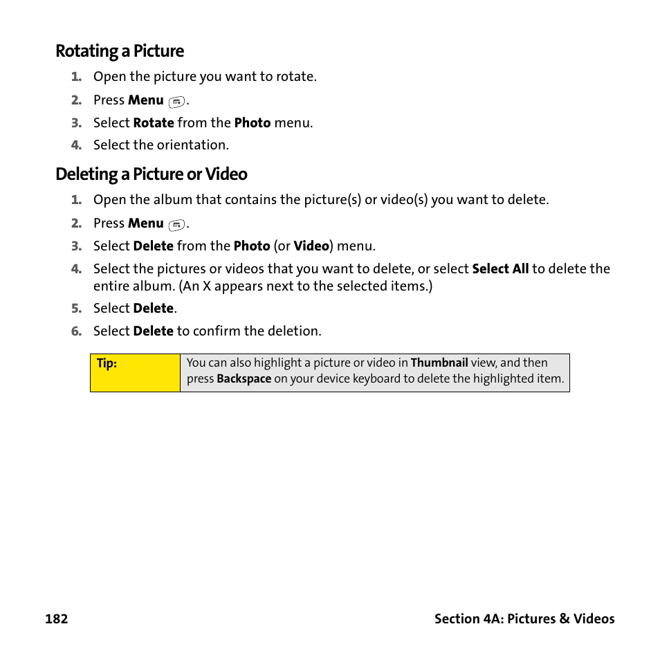 Rotating a picture, Deleting a picture or video | Palm Treo 755P User Manual | Page 190 / 390