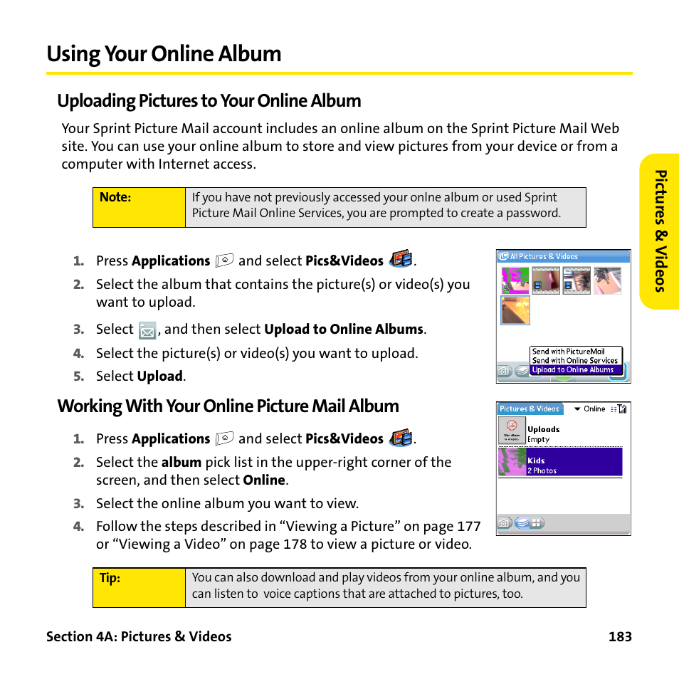 Using your online album, Uploading pictures to your online album, Working with your online picture mail album | Palm Treo 755P User Manual | Page 191 / 390