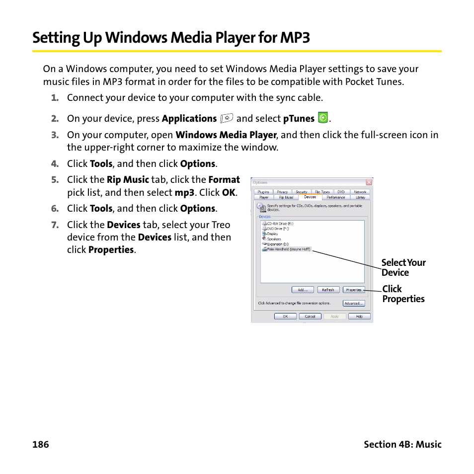 Setting up windows media player for mp3 | Palm Treo 755P User Manual | Page 194 / 390