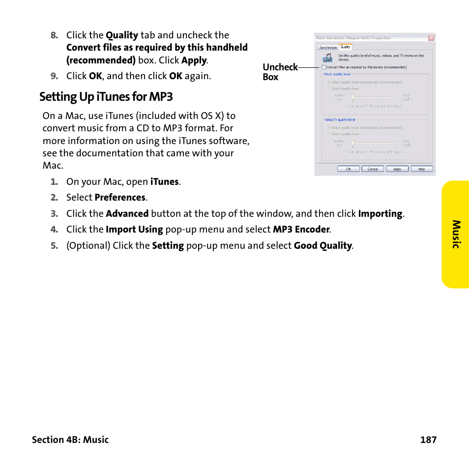 Setting up itunes for mp3 | Palm Treo 755P User Manual | Page 195 / 390