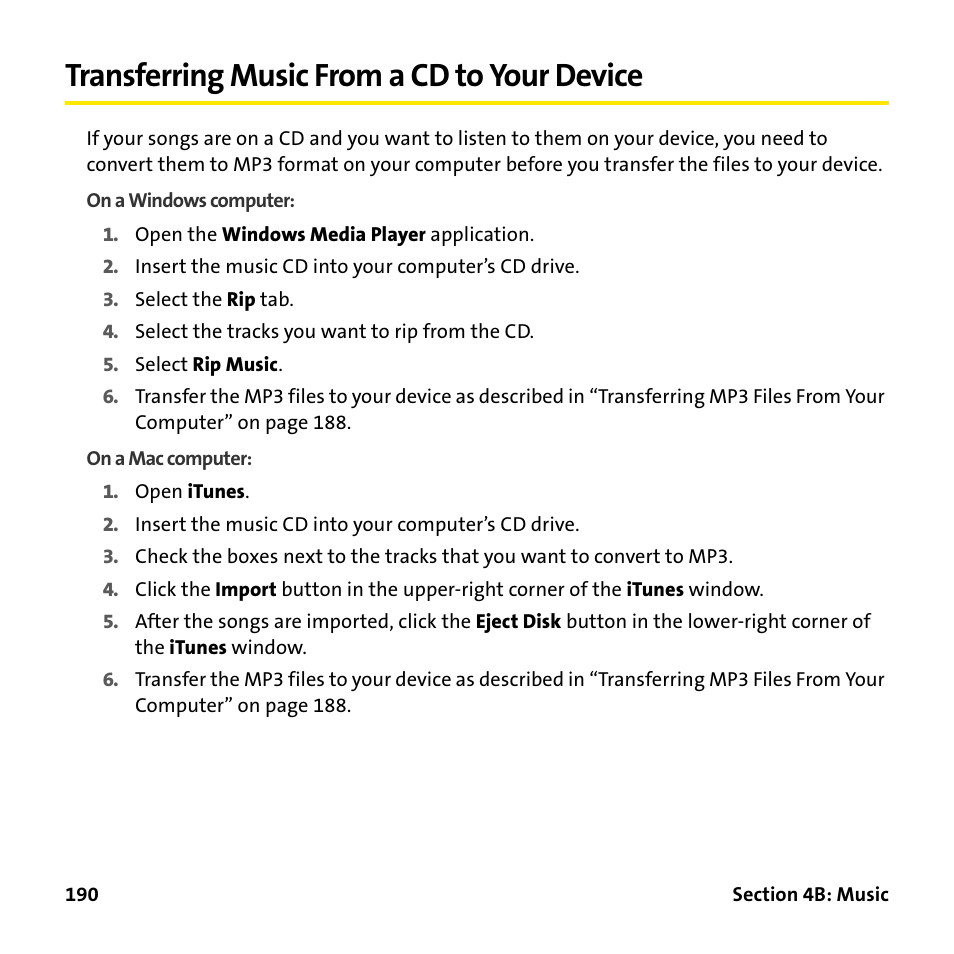 Transferring music from a cd to your device | Palm Treo 755P User Manual | Page 198 / 390