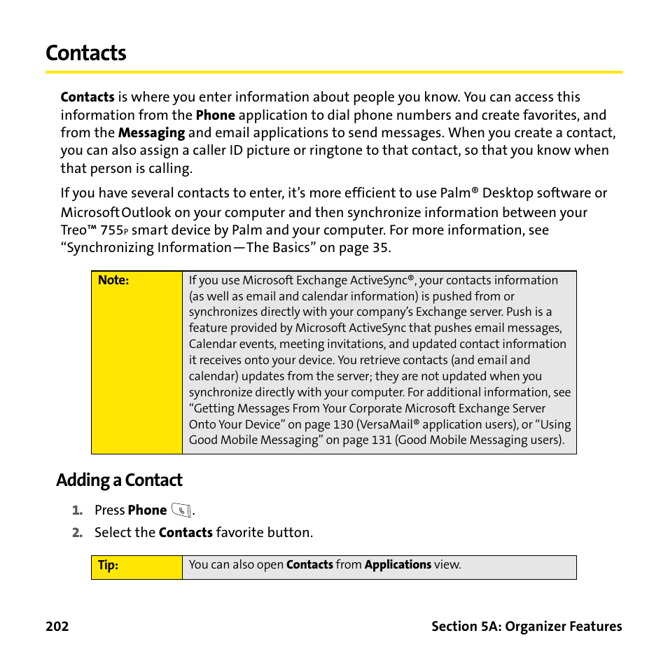 Contacts, Adding a contact | Palm Treo 755P User Manual | Page 210 / 390