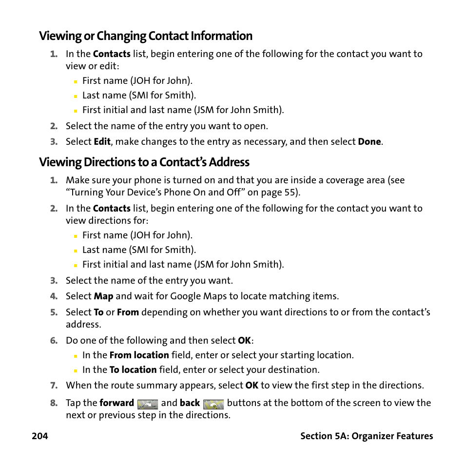 Viewing or changing contact information, Viewing directions to a contact’s address | Palm Treo 755P User Manual | Page 212 / 390