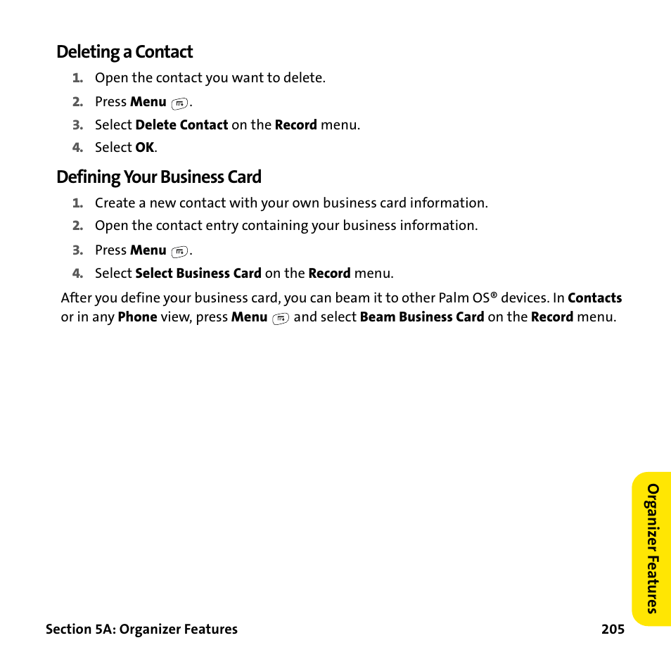 Deleting a contact, Defining your business card | Palm Treo 755P User Manual | Page 213 / 390