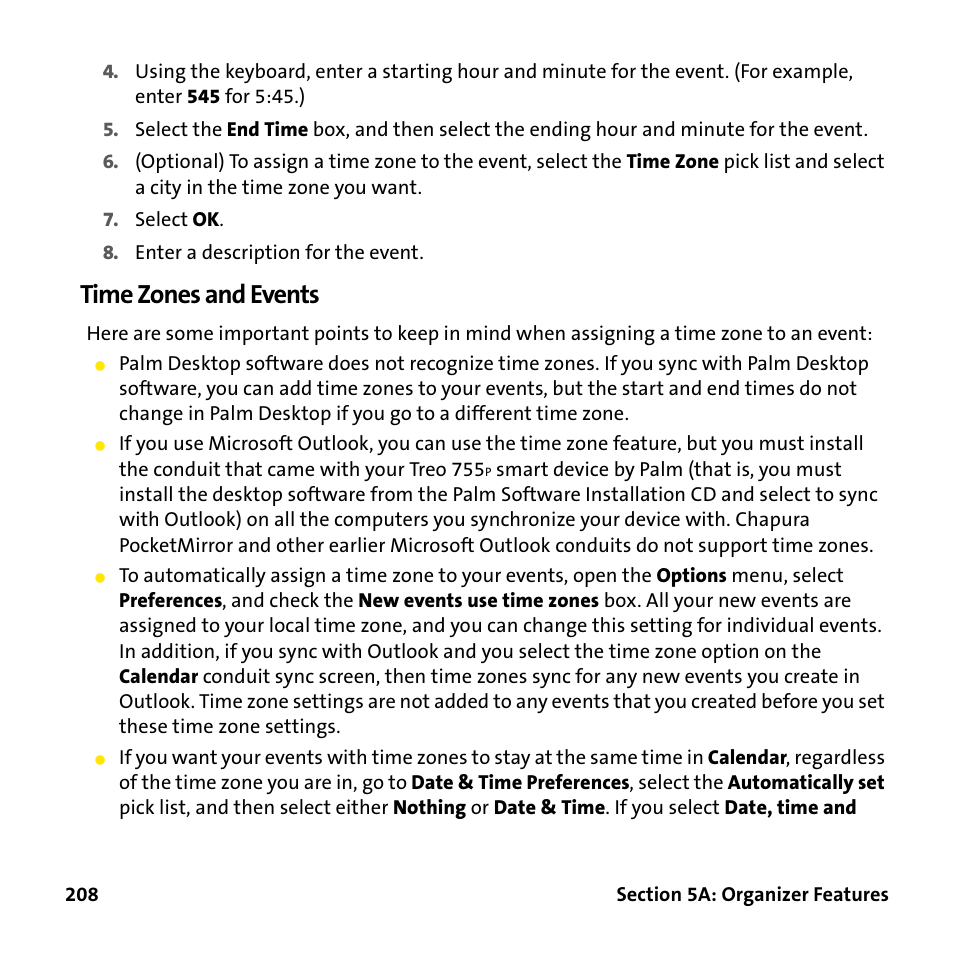 Time zones and events | Palm Treo 755P User Manual | Page 216 / 390