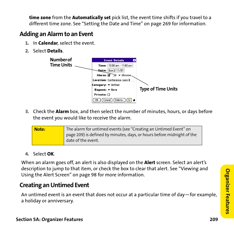 Adding an alarm to an event, Creating an untimed event | Palm Treo 755P User Manual | Page 217 / 390