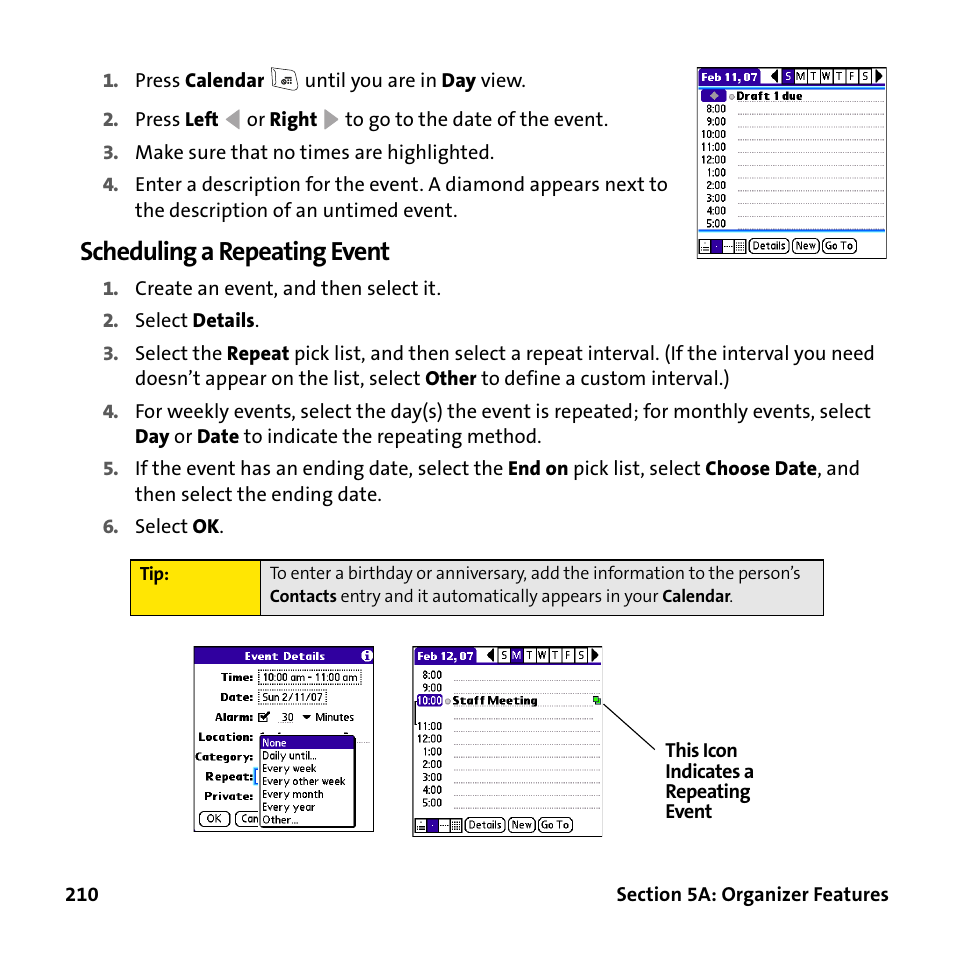 Scheduling a repeating event | Palm Treo 755P User Manual | Page 218 / 390