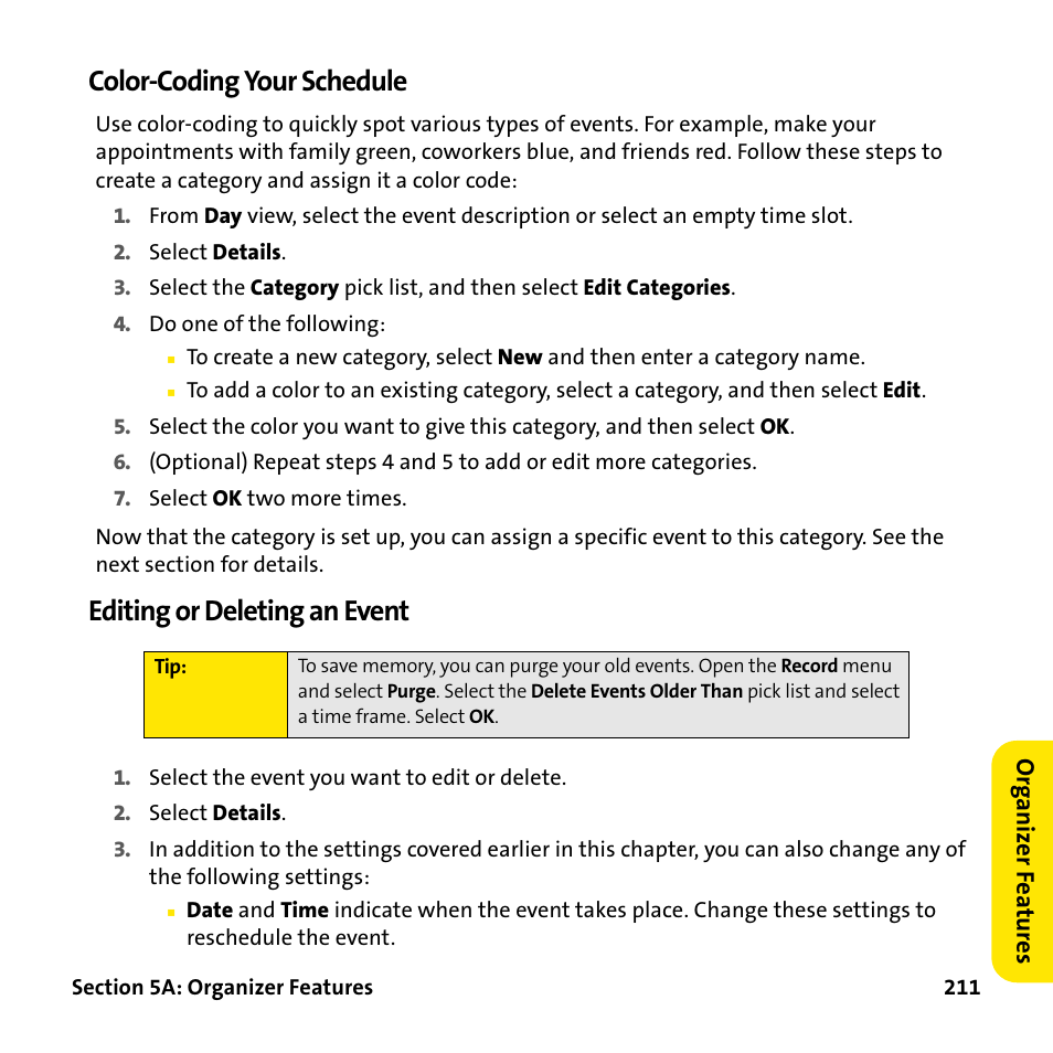 Color-coding your schedule, Editing or deleting an event | Palm Treo 755P User Manual | Page 219 / 390