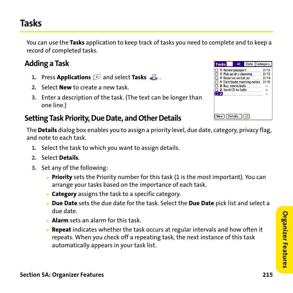 Tasks, Adding a task, Setting task priority, due date, and other details | Palm Treo 755P User Manual | Page 223 / 390