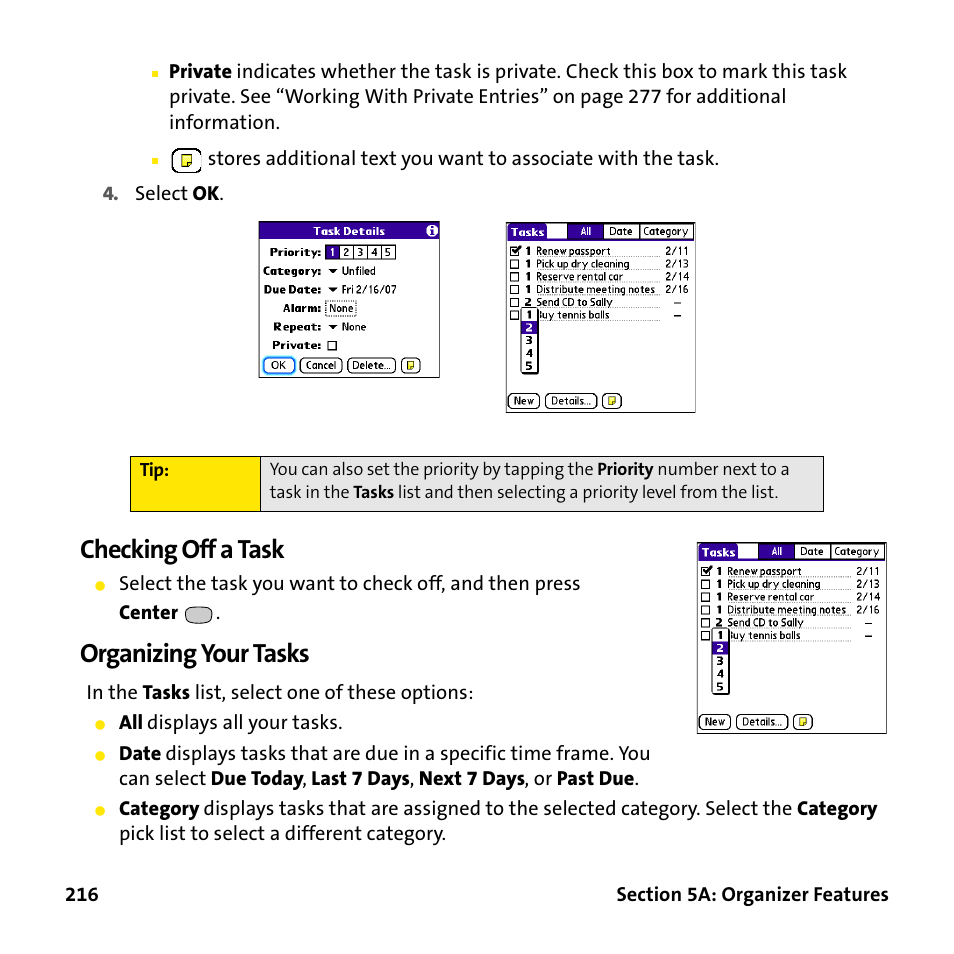 Checking off a task, Organizing your tasks | Palm Treo 755P User Manual | Page 224 / 390