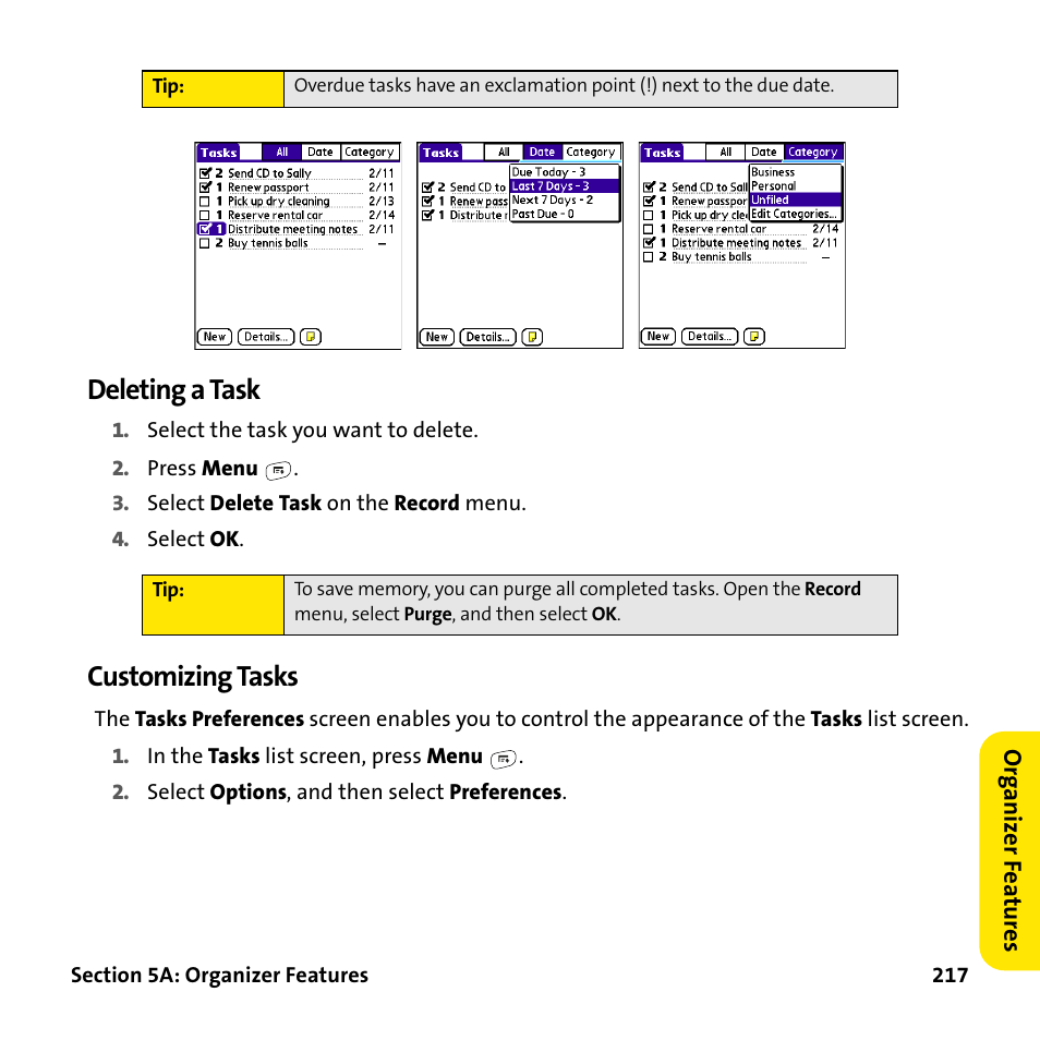 Deleting a task, Customizing tasks | Palm Treo 755P User Manual | Page 225 / 390