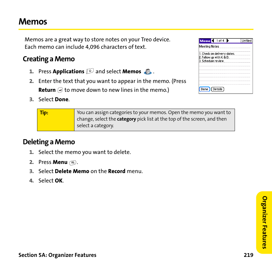 Memos, Creating a memo, Deleting a memo | Palm Treo 755P User Manual | Page 227 / 390