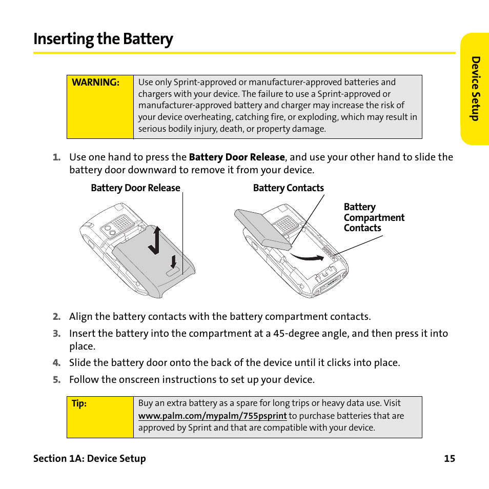 Inserting the battery | Palm Treo 755P User Manual | Page 23 / 390