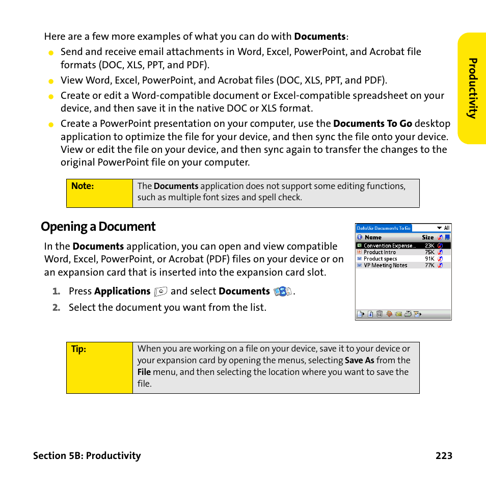 Opening a document | Palm Treo 755P User Manual | Page 231 / 390