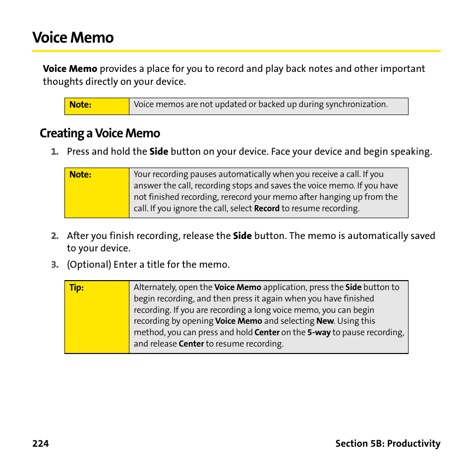 Voice memo, Creating a voice memo | Palm Treo 755P User Manual | Page 232 / 390