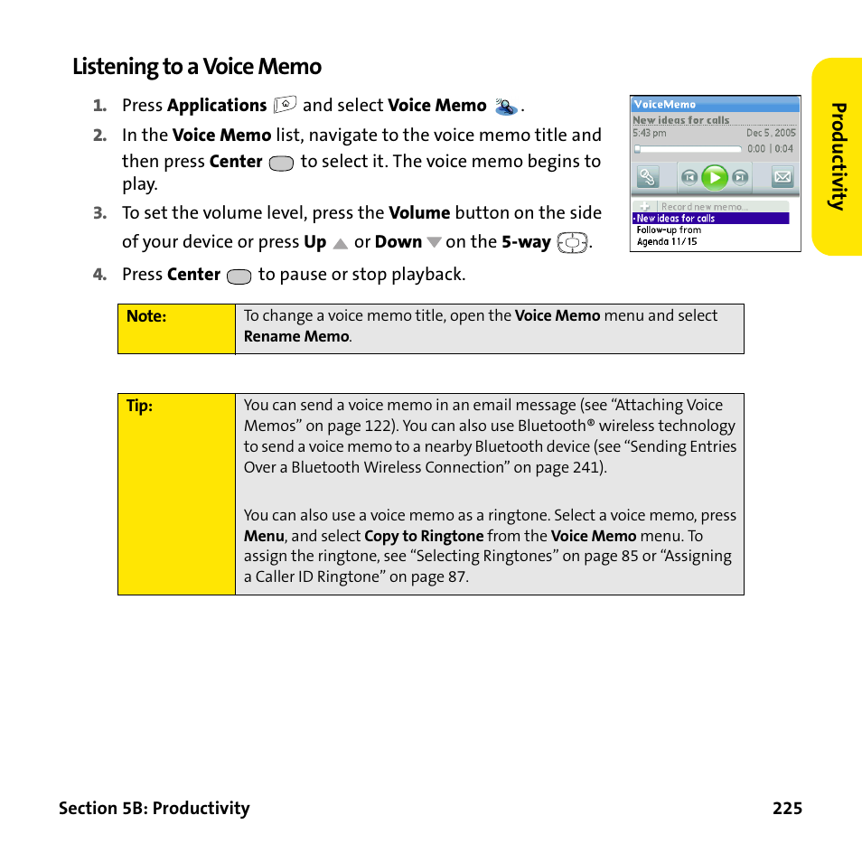 Listening to a voice memo | Palm Treo 755P User Manual | Page 233 / 390