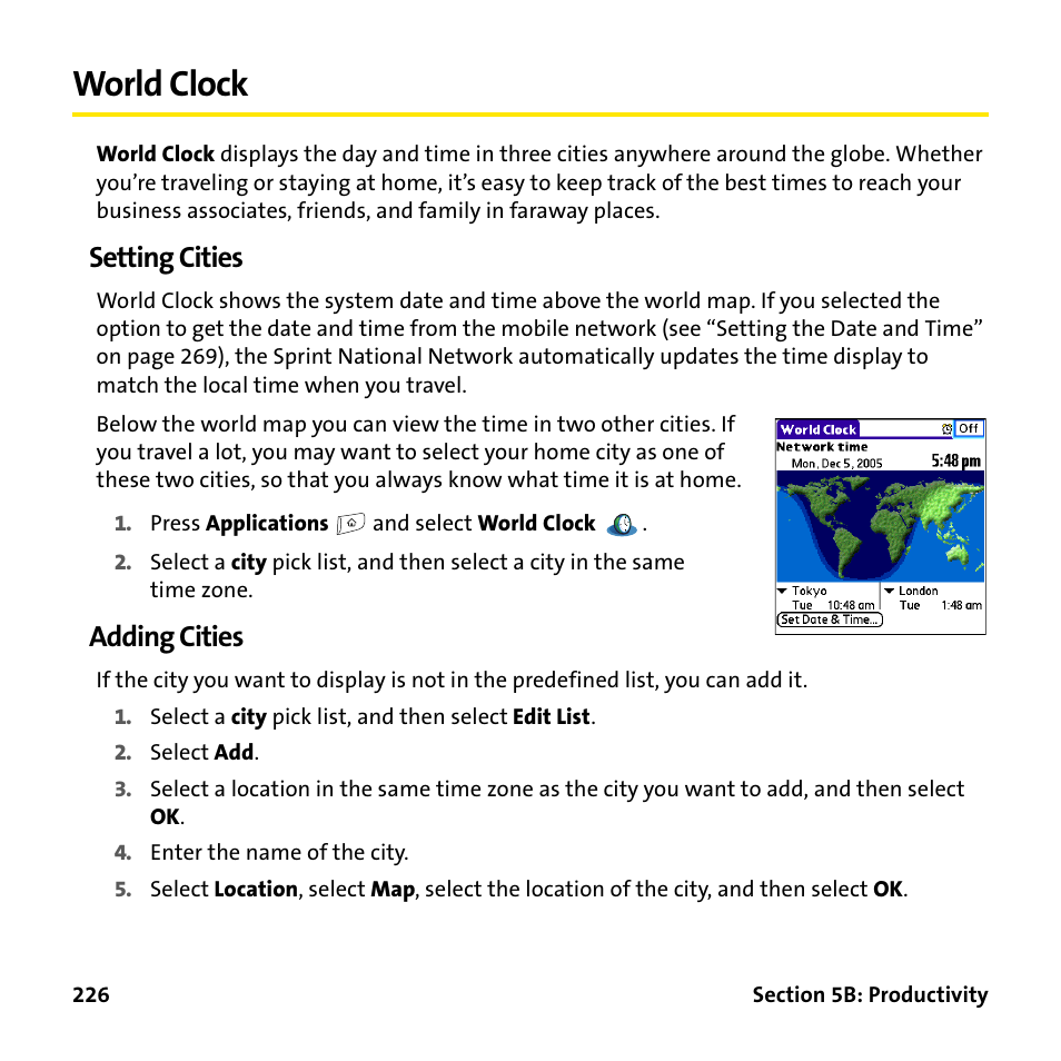 World clock, Setting cities, Adding cities | Palm Treo 755P User Manual | Page 234 / 390