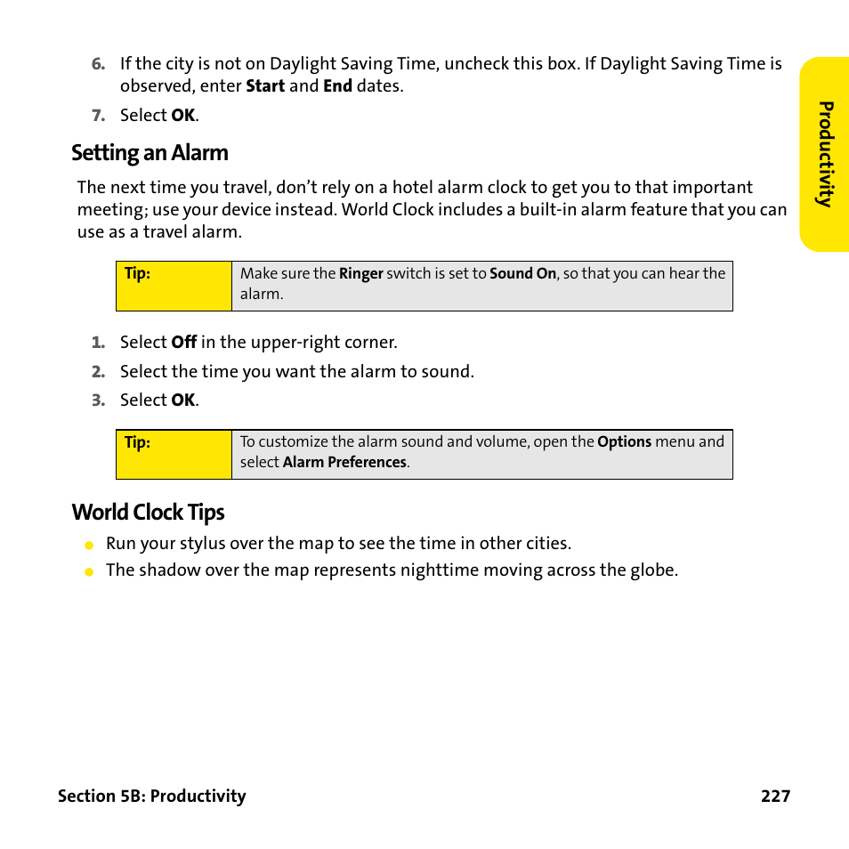 Setting an alarm, World clock tips | Palm Treo 755P User Manual | Page 235 / 390