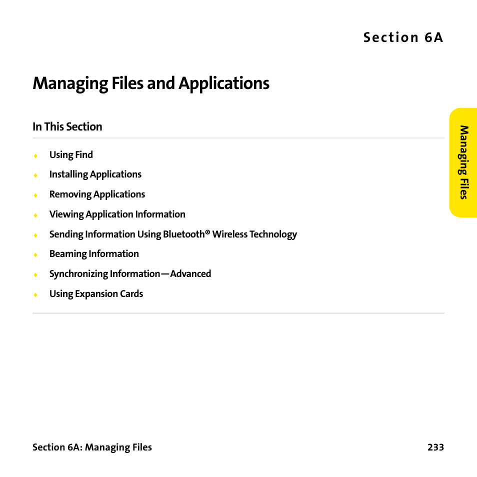 Managing files and applications, 6a. managing files and applications, S e c ti o n 6 a | Manag ing f iles | Palm Treo 755P User Manual | Page 241 / 390