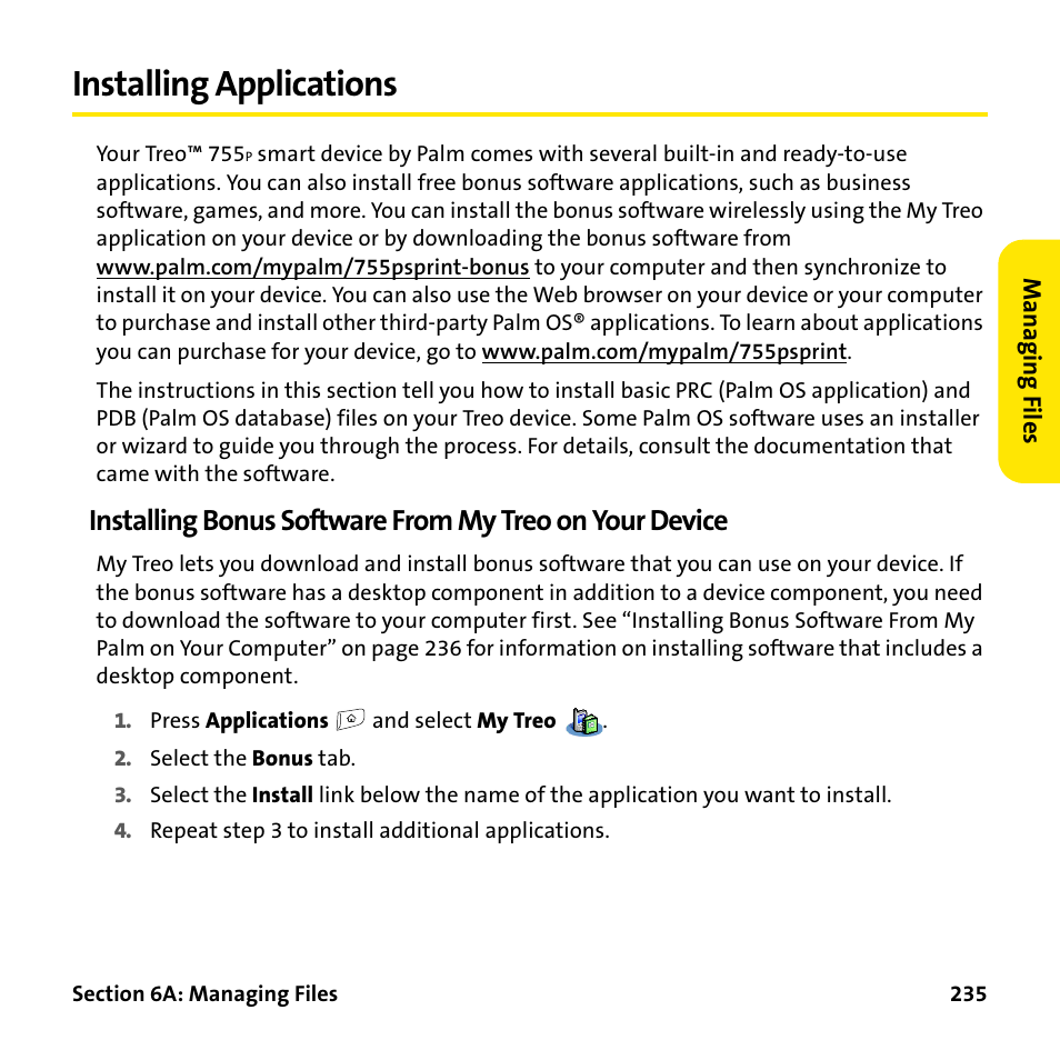 Installing applications | Palm Treo 755P User Manual | Page 243 / 390