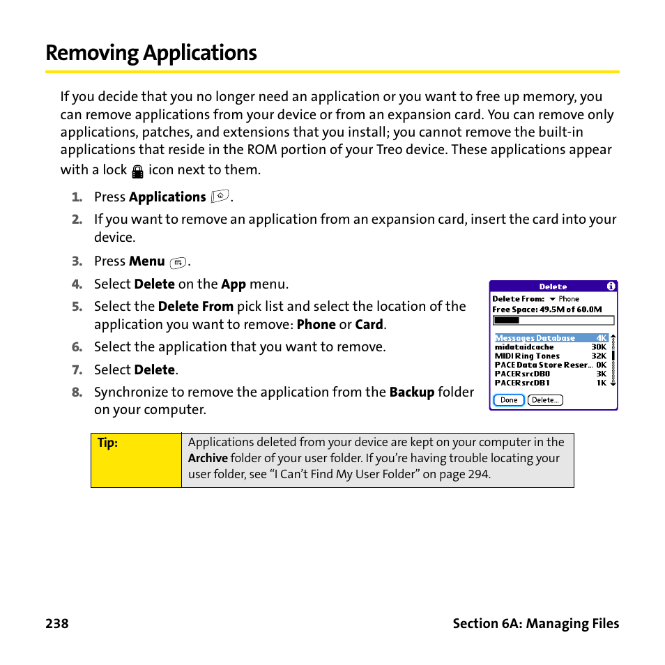 Removing applications | Palm Treo 755P User Manual | Page 246 / 390