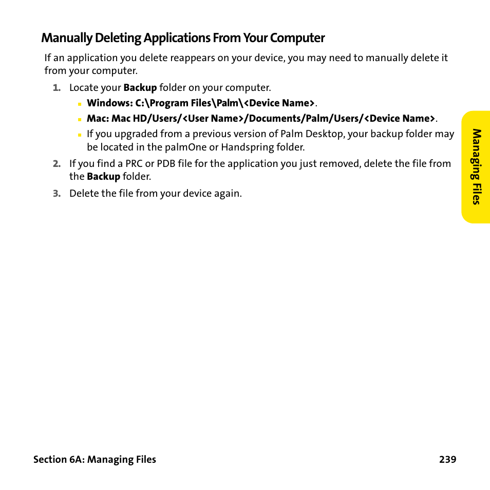 Manually deleting applications from your computer | Palm Treo 755P User Manual | Page 247 / 390