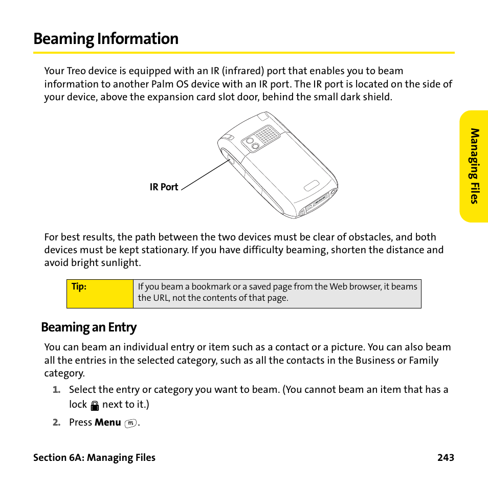 Beaming information, Beaming an entry | Palm Treo 755P User Manual | Page 251 / 390