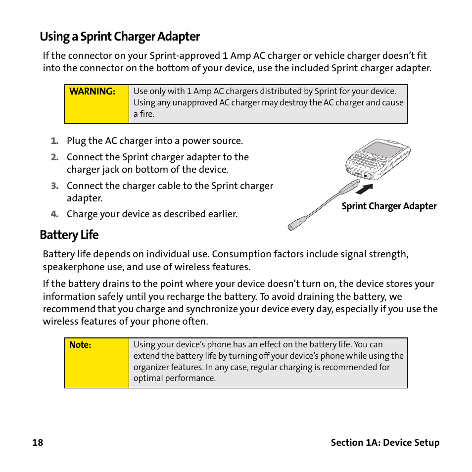 Using a sprint charger adapter, Battery life | Palm Treo 755P User Manual | Page 26 / 390