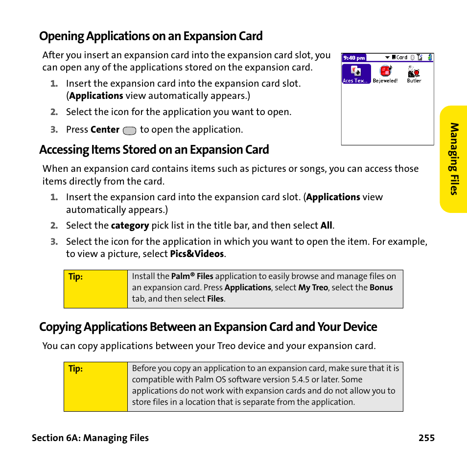 Opening applications on an expansion card, Accessing items stored on an expansion card | Palm Treo 755P User Manual | Page 263 / 390