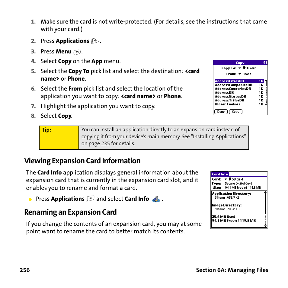 Viewing expansion card information, Renaming an expansion card | Palm Treo 755P User Manual | Page 264 / 390