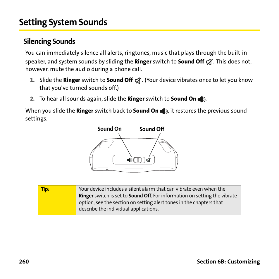 Setting system sounds, Silencing sounds | Palm Treo 755P User Manual | Page 268 / 390