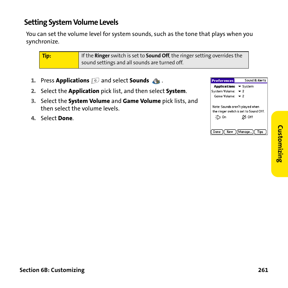 Setting system volume levels | Palm Treo 755P User Manual | Page 269 / 390