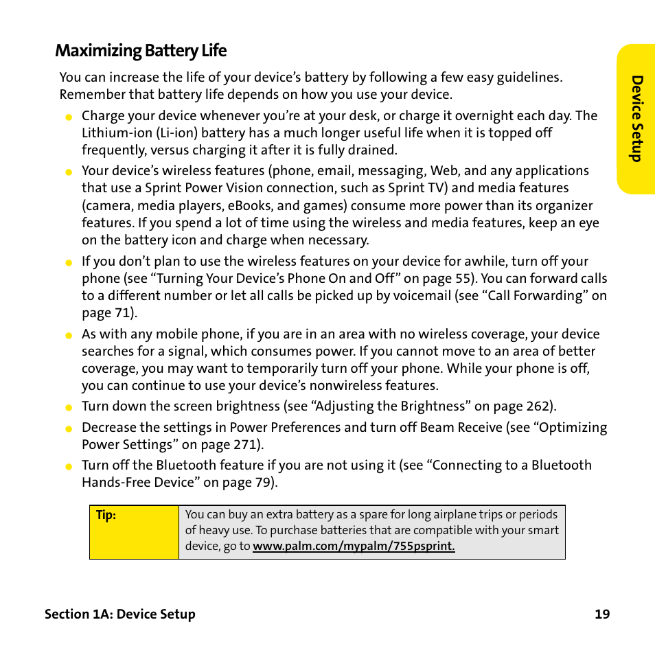 Maximizing battery life, De vice s e tu p | Palm Treo 755P User Manual | Page 27 / 390