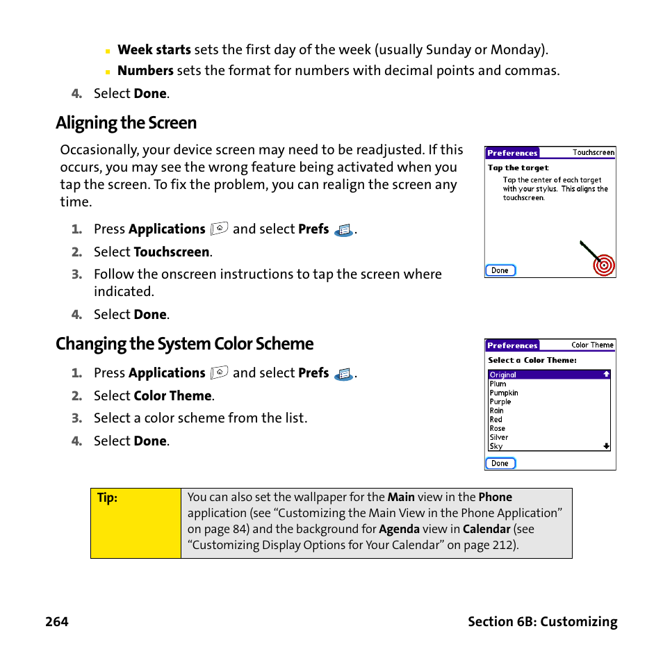 Aligning the screen, Changing the system color scheme | Palm Treo 755P User Manual | Page 272 / 390