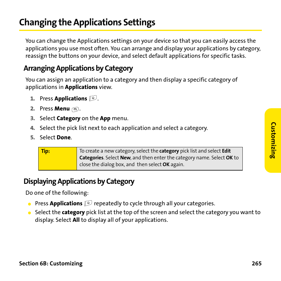 Changing the applications settings, Arranging applications by category, Displaying applications by category | Palm Treo 755P User Manual | Page 273 / 390