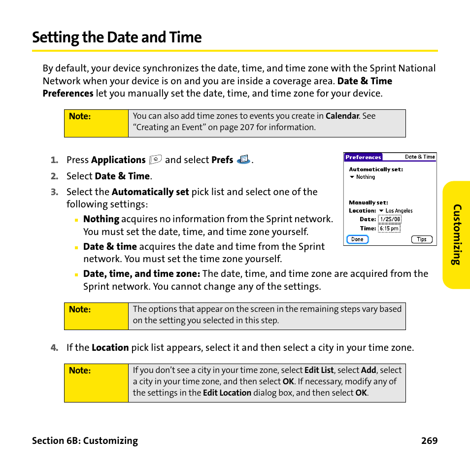 Setting the date and time | Palm Treo 755P User Manual | Page 277 / 390