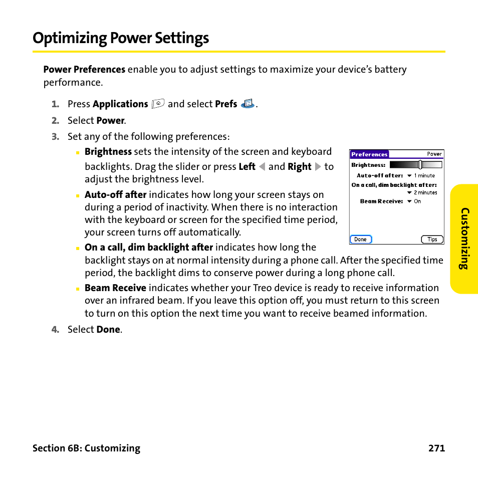 Optimizing power settings | Palm Treo 755P User Manual | Page 279 / 390