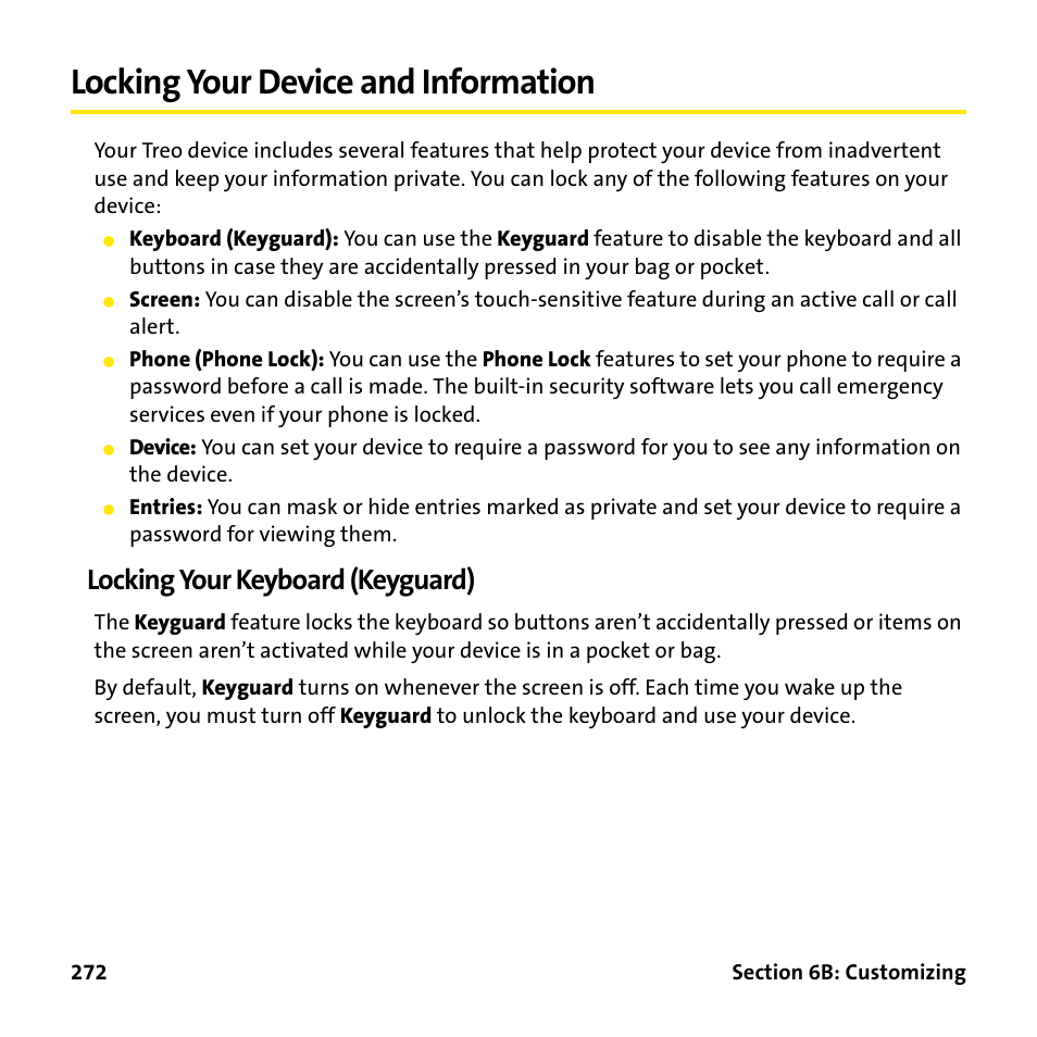 Locking your device and information, Locking your keyboard (keyguard) | Palm Treo 755P User Manual | Page 280 / 390