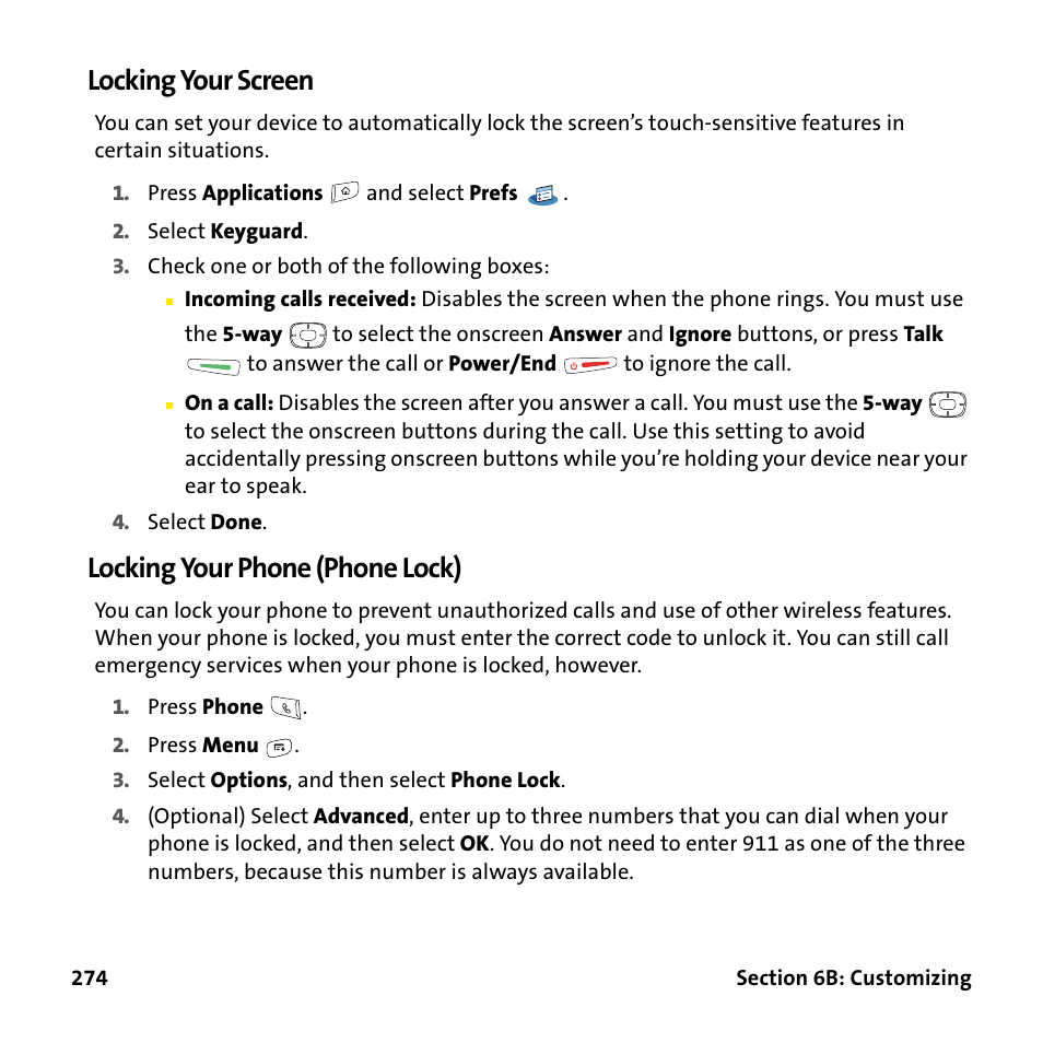 Locking your screen, Locking your phone (phone lock) | Palm Treo 755P User Manual | Page 282 / 390