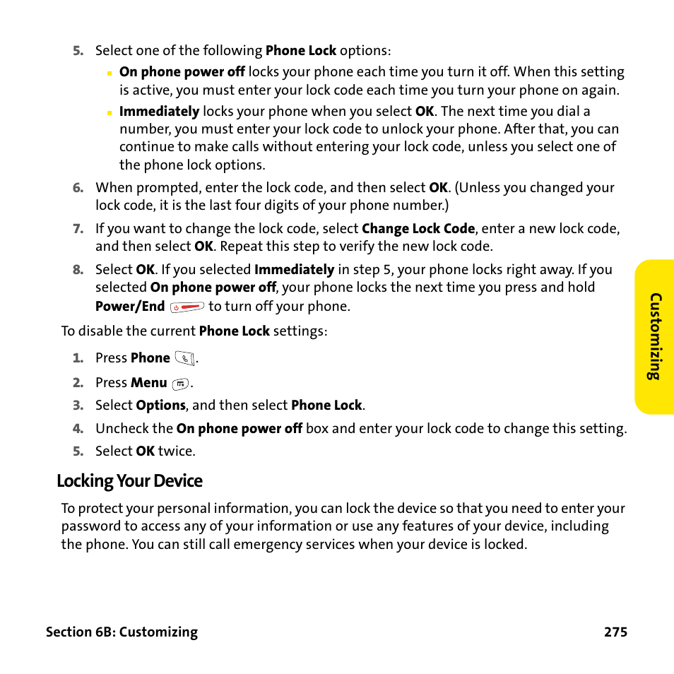 Locking your device | Palm Treo 755P User Manual | Page 283 / 390