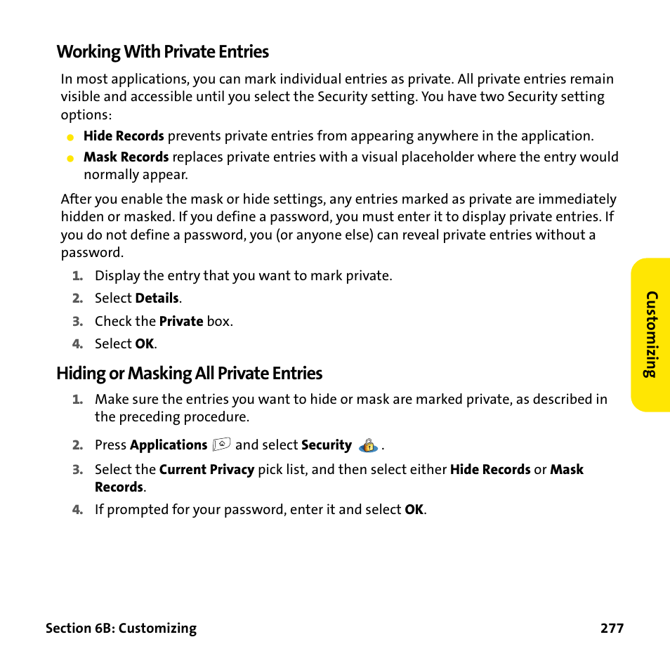 Working with private entries, Hiding or masking all private entries | Palm Treo 755P User Manual | Page 285 / 390