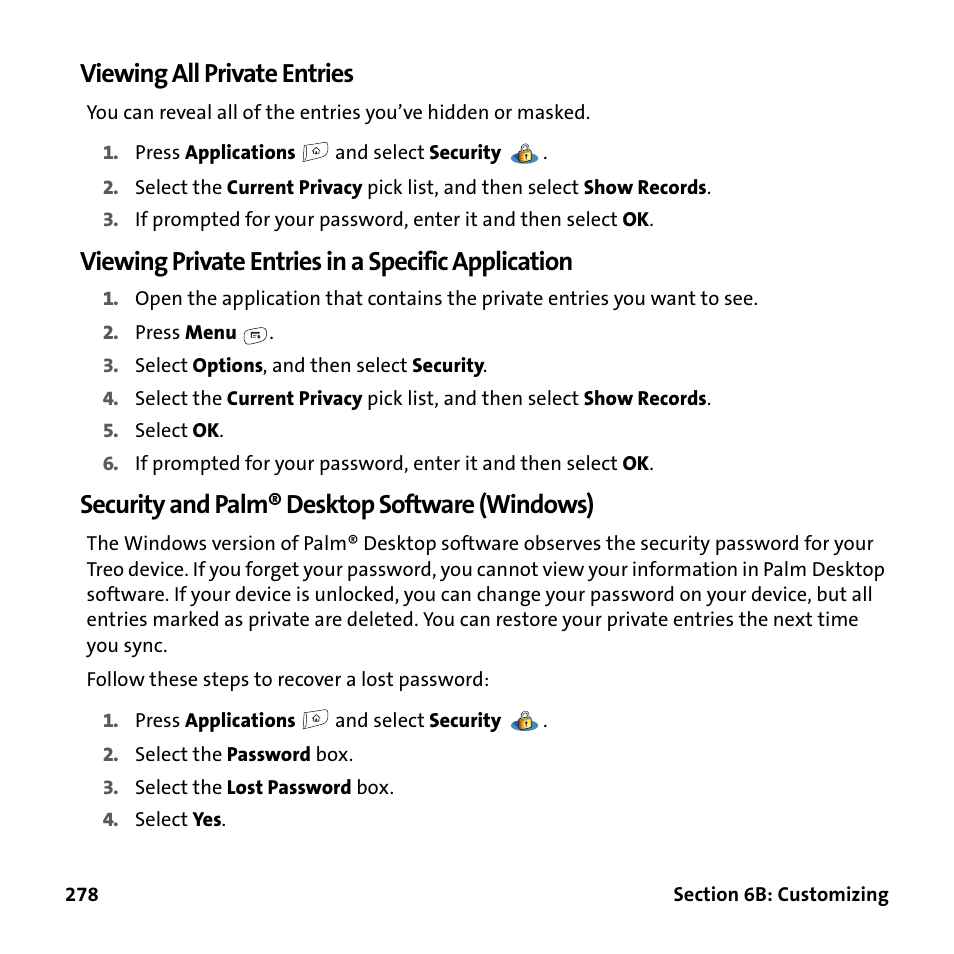 Viewing all private entries, Viewing private entries in a specific application, Security and palm® desktop software (windows) | Palm Treo 755P User Manual | Page 286 / 390